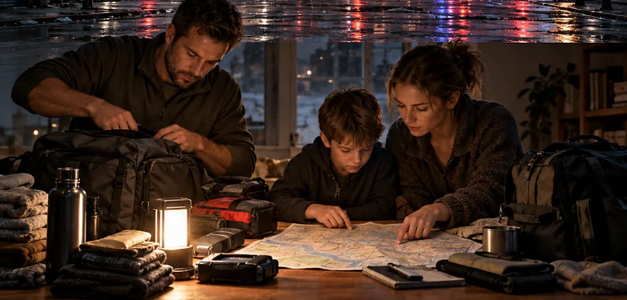 Parents and their son reading a map at the kitchen table by lantern light, a go-bag half packed