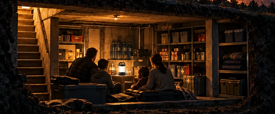 A family sheltering together in a stocked basement